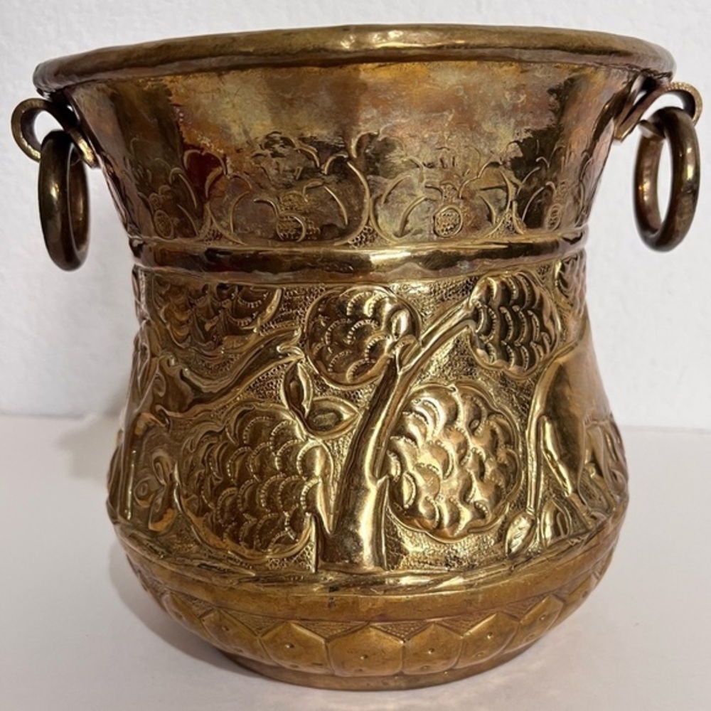 Vintage Hammered Solid Brass Ice Bucket Urn Chiller Cauldron Double Ring